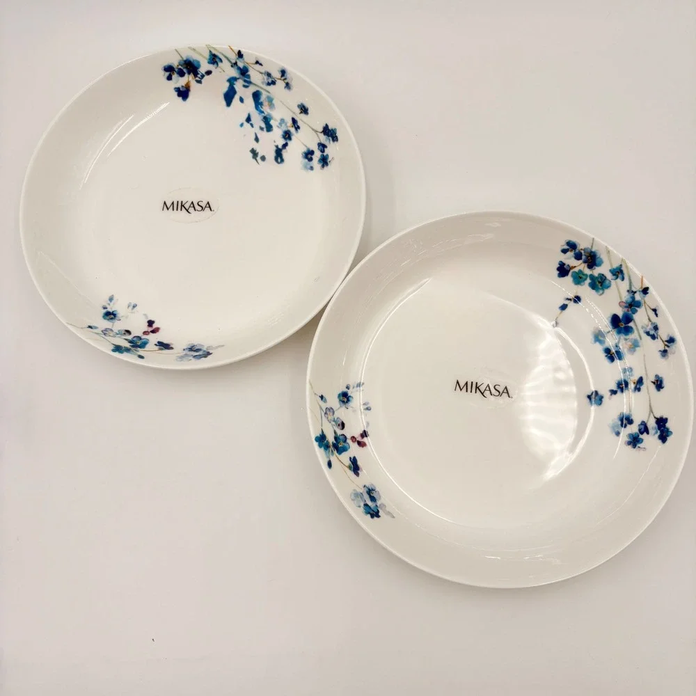 Mikasa Audrey Bone China‎ 8.5in Pasta Bowls Set of 2 Blue Floral White